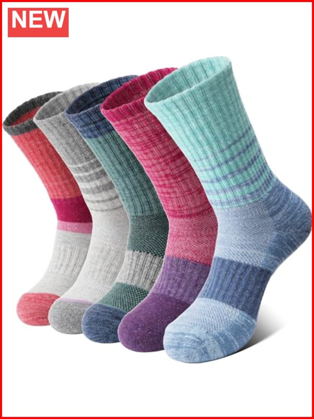 Merino Wool Hiking Running Crew Socks Women Cushioned Arch Support 5 Pairs